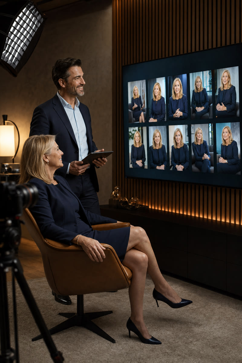 Business owner viewing her ten finished AI clone videos with her expert