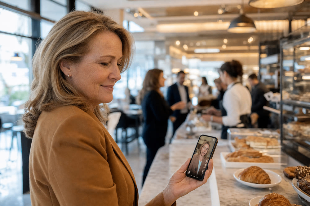 Business owner running her bakery while her AI clone video plays on her phone